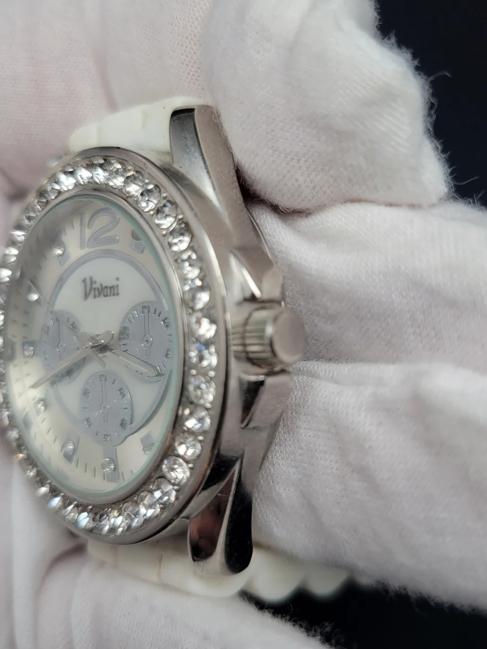 Vivani Women's Silver Crystal Bezel Watch with White Strap